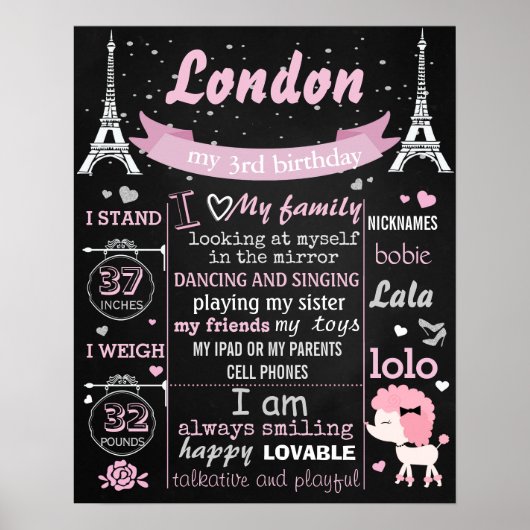 Roze Puddle Paris Birthday Party chalkboard Poster (Voorkant)