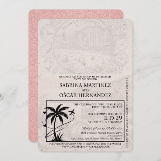 Roze Puerta Vallarta Passport bruiloft Kaart (Voorkant / Achterkant)