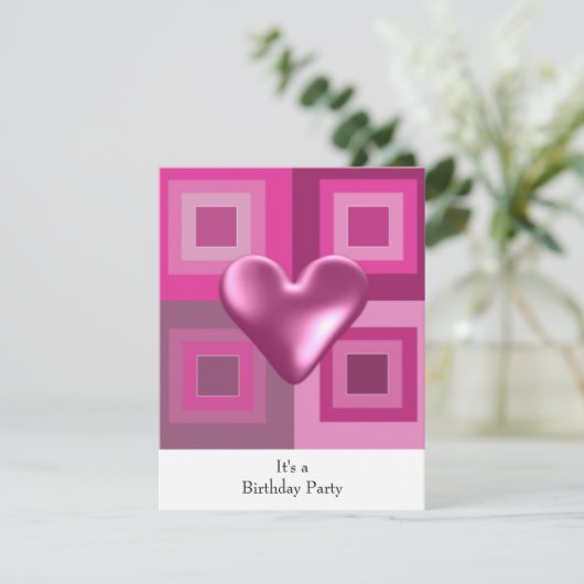 Roze Puffy Heart Birthday Uitnodiging (Staand voorkant)