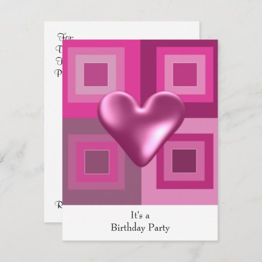 Roze Puffy Heart Birthday Uitnodiging (Voorkant / Achterkant)