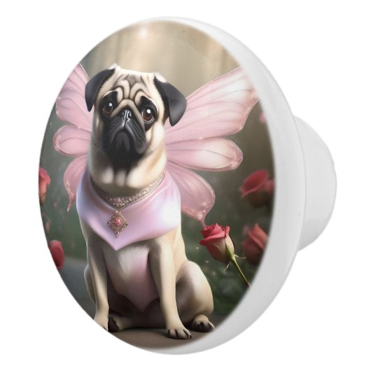 Roze Pug Fairy, Keramische Knop (Rechts)