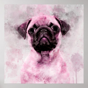 Roze Pug Hond Aquarel Portret 02 Poster