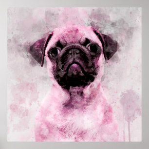 Roze Pug Hond Aquarel Portret 02 Poster