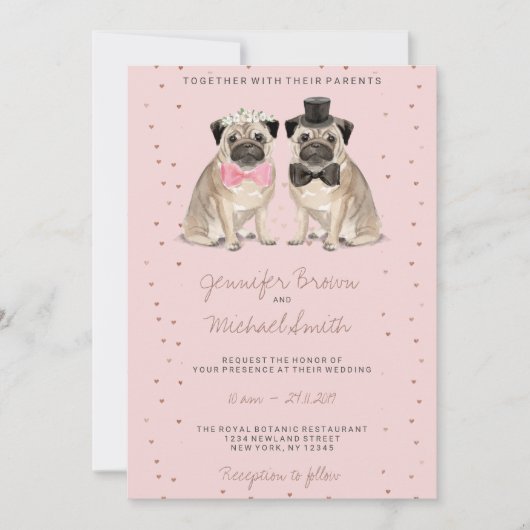 Roze Pug waterverf bruiloft Kaart (Voorkant)