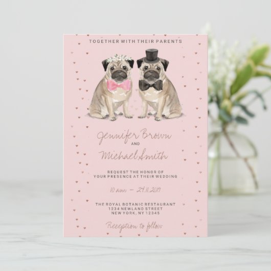 Roze Pug waterverf bruiloft Kaart (Staand voorkant)