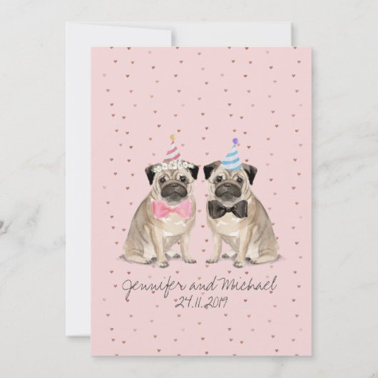 Roze Pug waterverf bruiloft Kaart (Achterkant)
