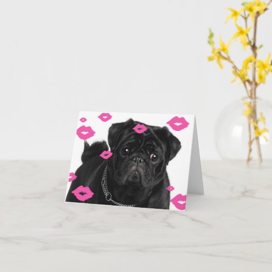 Roze Pugs en Kusjes Kaart (Gele Bloem)