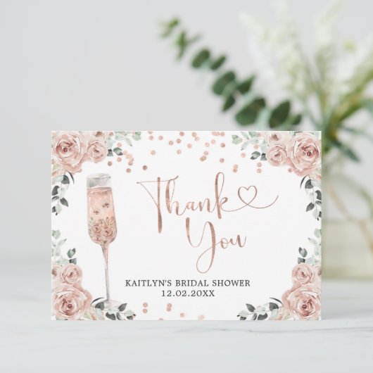 Roze puisty Roos Petals en Prosecco Hartelijk dank Bedankkaart (Staand voorkant)