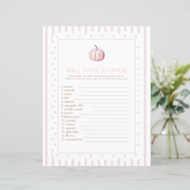 Roze Pumpkin baby Word Scrabble baby shower spel (Staand voorkant)
