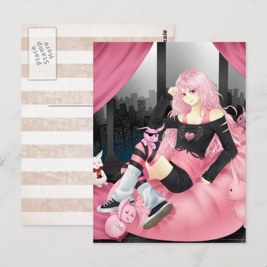 Roze punk anime briefkaart (Voorkant / Achterkant)