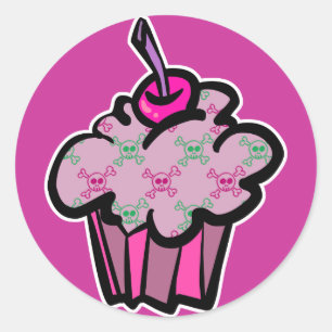 roze punk doodshoofd beker cupcake ronde sticker