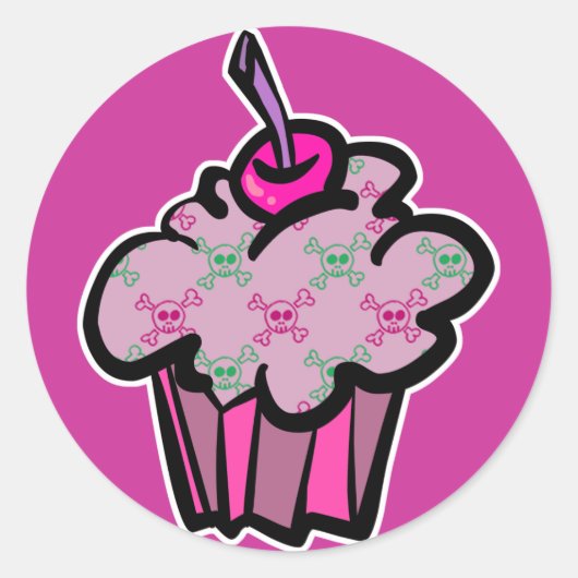 roze punk doodshoofd beker cupcake ronde sticker (Voorkant)