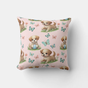 Roze Puppies en Vlinders Aquarel Kussen