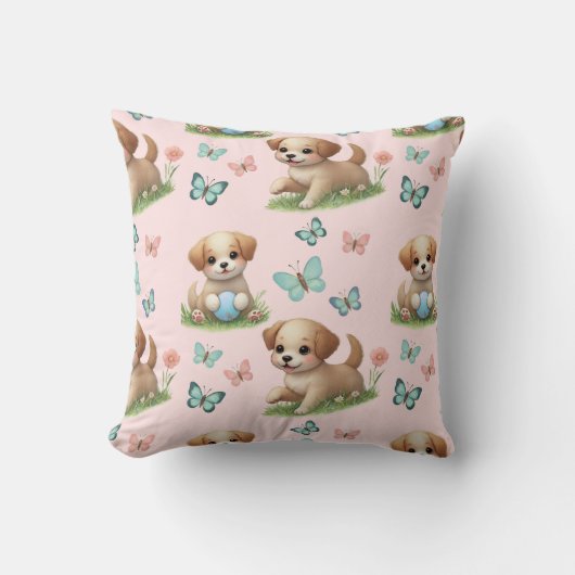 Roze Puppies en Vlinders Aquarel Kussen (Voorkant)