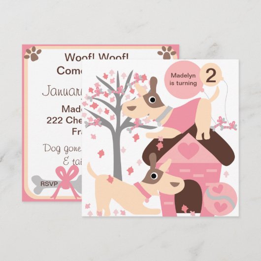 Roze Puppy Dog Aangepaste Birthday Invitaties Kaart (Voorkant / Achterkant)
