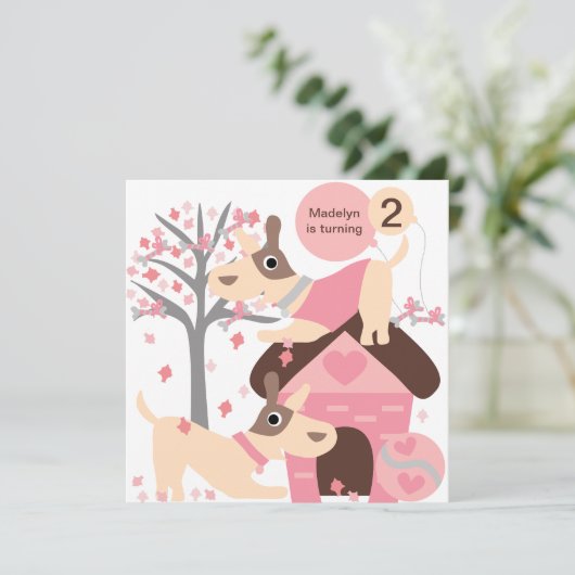 Roze Puppy Dog Aangepaste Birthday Invitaties Kaart (Staand voorkant)