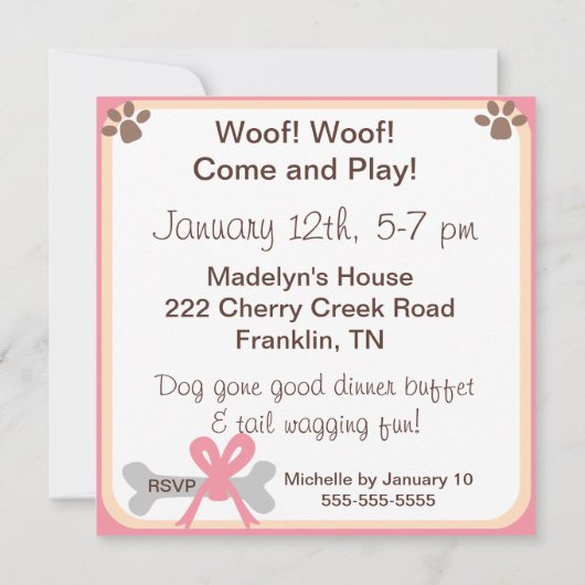 Roze Puppy Dog Aangepaste Birthday Invitaties Kaart (Achterkant)