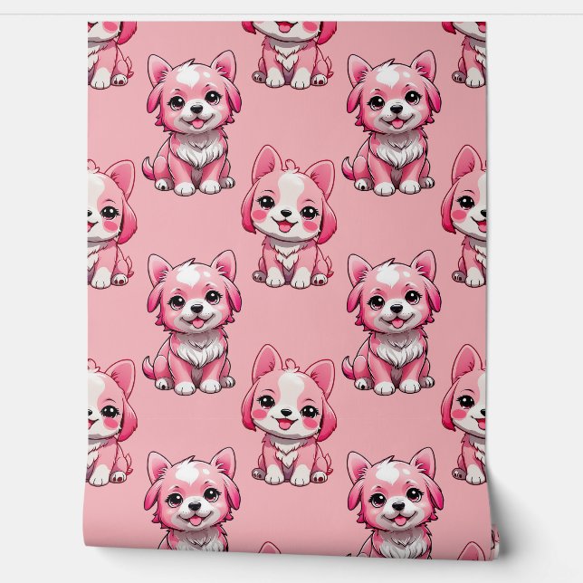 Roze Puppy Dog Patroon Design - Roze Behang (Afrollen)