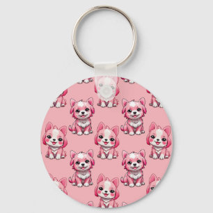 Roze Puppy Dog Patroon Design - Roze Sleutelhanger
