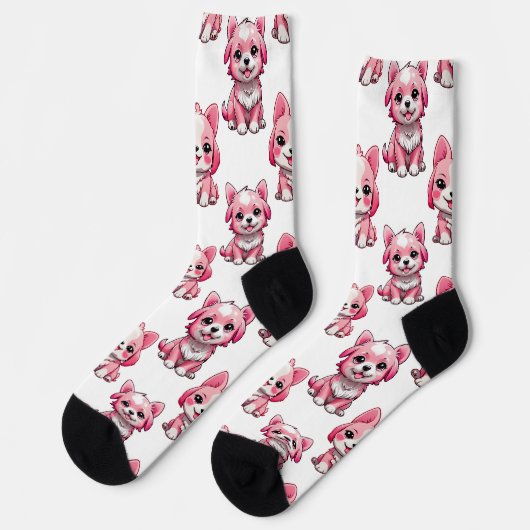 Roze Puppy Dog Patroon Design - wit Sokken (Links)