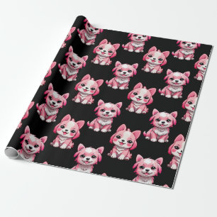 Roze Puppy Dog Patroon Design - Zwart Cadeaupapier