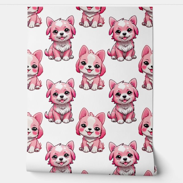 Roze Puppy Dog Pattern Design - Wit Behang (Afrollen)