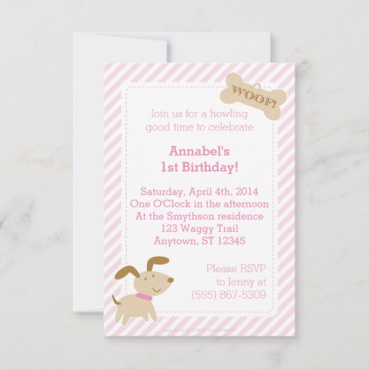 Roze Puppy Dog Uitnodiging met Stripes en Stippen (Voorkant)
