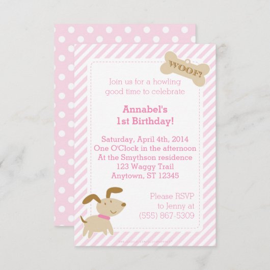 Roze Puppy Dog Uitnodiging met Stripes en Stippen (Voorkant / Achterkant)