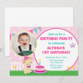 Roze Puppy Hond Verjaardag Uitnodiging 5x7 Fotokaa (Voorkant / Achterkant)