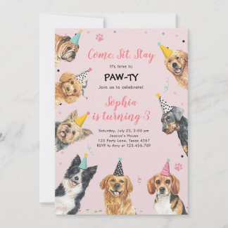 Roze Puppy Pawty Meisje Verjaardag Kaart