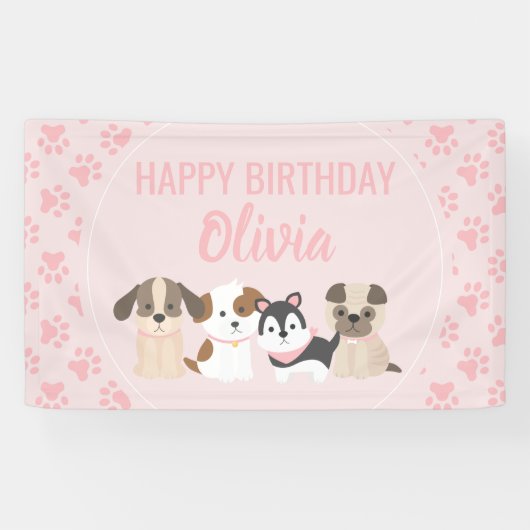 Roze Puppy verjaardagsfeest banner (Horizontaal)