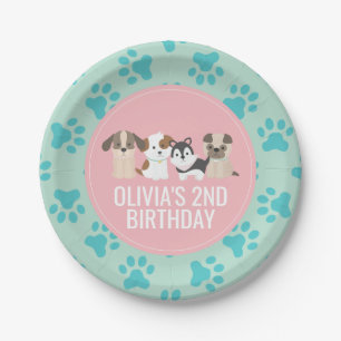 Roze Puppy verjaardagsfeest borden pootafdrukken Papieren Bordje