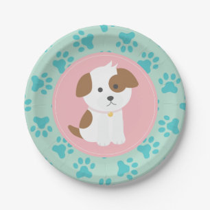 Roze Puppy verjaardagsfeestje borden pootafdrukken Papieren Bordje