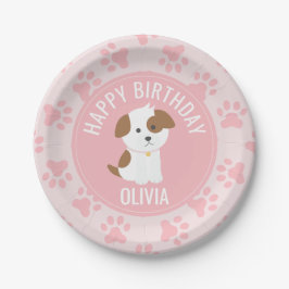 Roze Puppy verjaardagsfeestje borden pootafdrukken Papieren Bordje