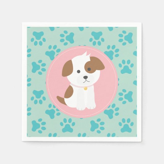 Roze Puppy verjaardagsfeestje servetten pootafdruk (Voorkant)