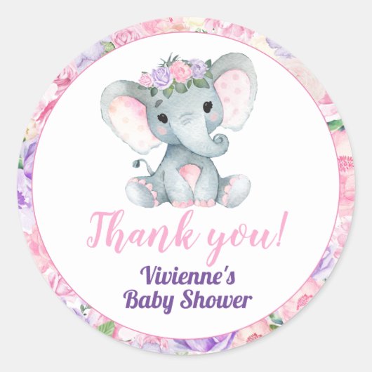 Roze Puprle Elephant Floral Sticker Dank u Label (Voorkant)
