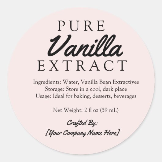 Roze Pure Vanilla Extract Ingrediënten Vervaardigd Ronde Sticker (Voorkant)