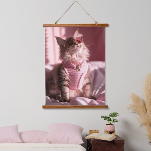 Roze Purfectie: Chique kat in stijl Hangend Wandkleed (Slaapkamer)