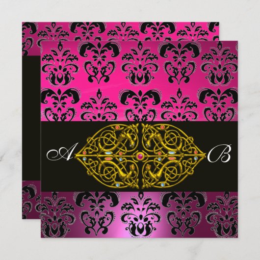 ROZE PURPER ZWART DAMASK MONOGRAM ,goud Kaart (Voorkant / Achterkant)