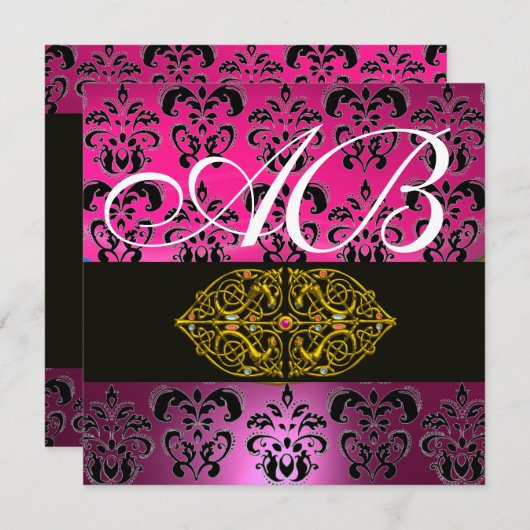 ROZE PURPER ZWART  DAMASK MONOGRAM , wit Kaart (Voorkant / Achterkant)