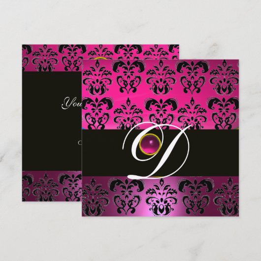 ROZE PURPER ZWART DAMAST MONOGRAM Amethist Fuchsia Kaart (Voorkant / Achterkant)