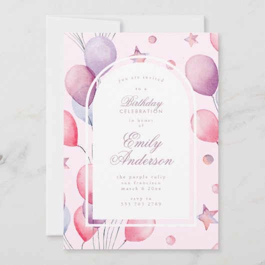 Roze Purples | Balloons Stars Birthday Party Girl Kaart (Voorkant)