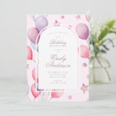 Roze Purples | Balloons Stars Birthday Party Girl Kaart (Staand voorkant)