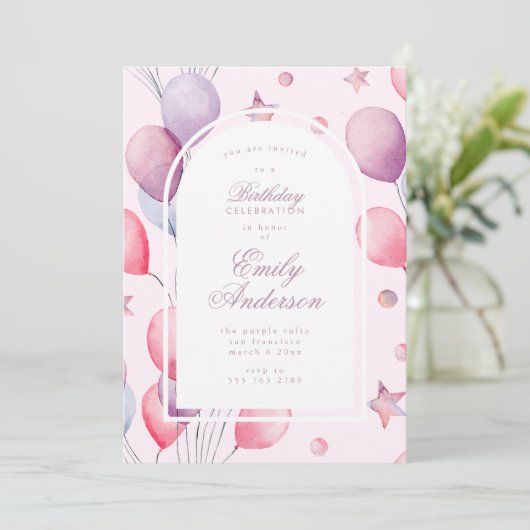 Roze Purples | Balloons Stars Birthday Party Girl Kaart (Staand voorkant)