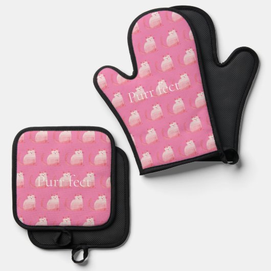 Roze Purrfect Cat Ovenwant & Pannenlap Set (Voorkant / Achterkant)