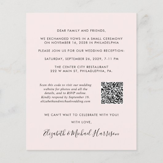 Roze QR-code Foto bruiloft-ontvangst uitnodiging (Achterkant)