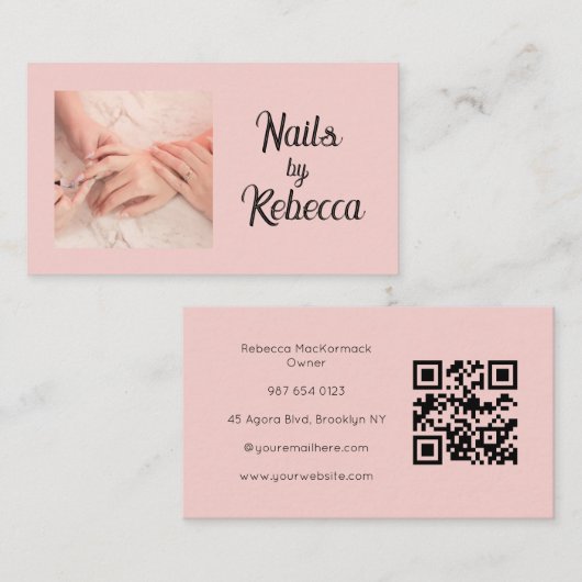 Roze QR-code Foto Zwarte Script Manicuriste Visitekaartje (Voorkant / Achterkant)