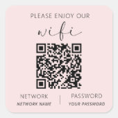 Roze QR-code Geniet van onze WiFi Vierkante Sticker (Voorkant)