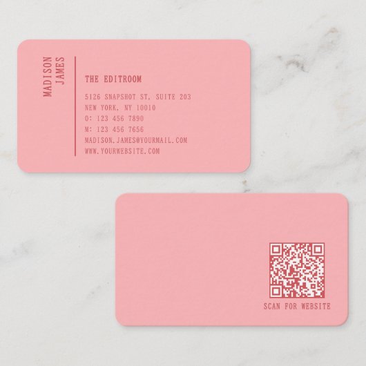 Roze QR-code Minimalistisch Eenvoudig Modern Visitekaartje (Voorkant / Achterkant)