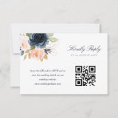Roze QR-code RSVP kaart met bloemen in marineblauw (Voorkant)